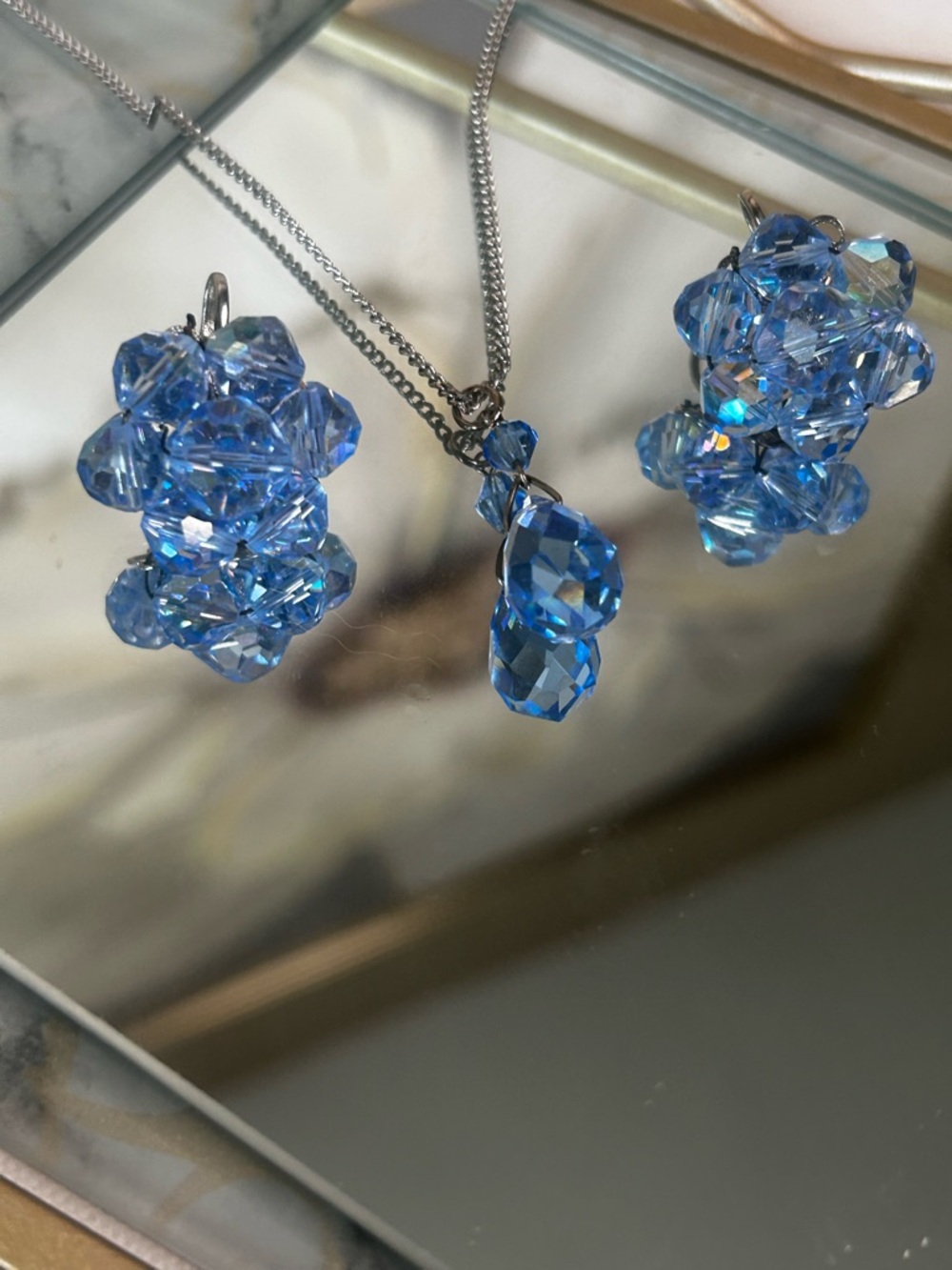 Vintage LAGUNA Blue Aurora Borelais Silver Crystal Earrings And Necklace Set